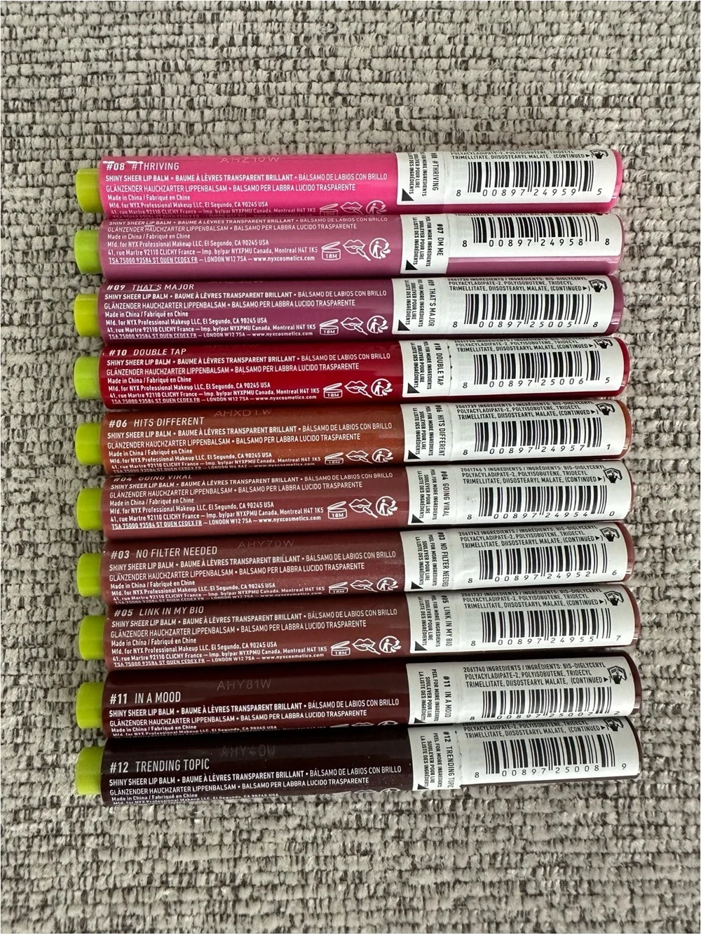 BRAND NEW NYX Makeup Fat Oil Slick Click Shiny Lip Balm Set of 10 Shades